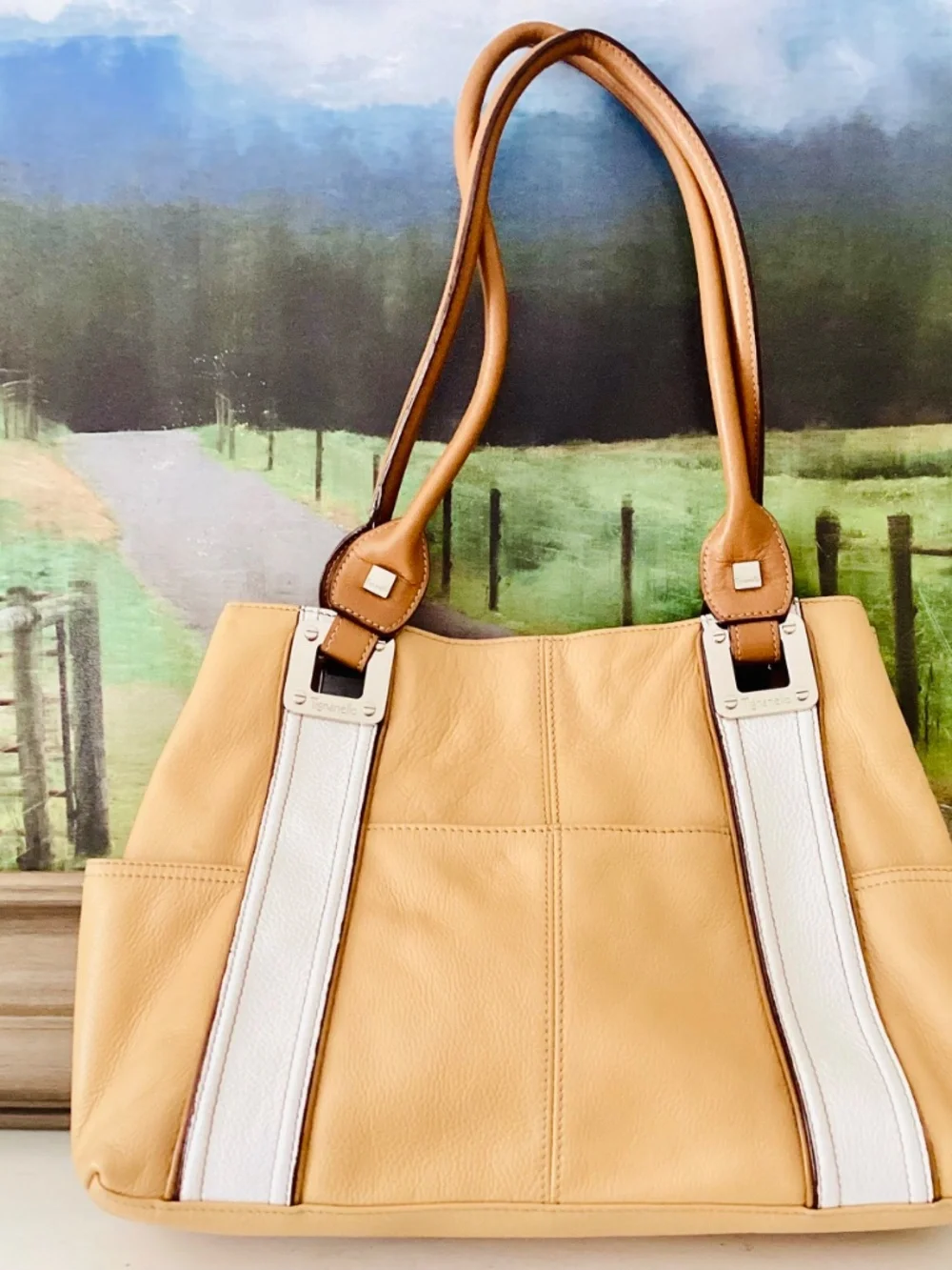 Tignanello Leather Yellow White Large Shoulder Purse Handbag Hobo Tote Summer